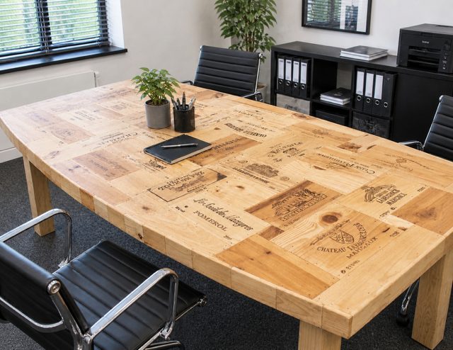 Wijnkisttafel als vergadertafel op een kantoor